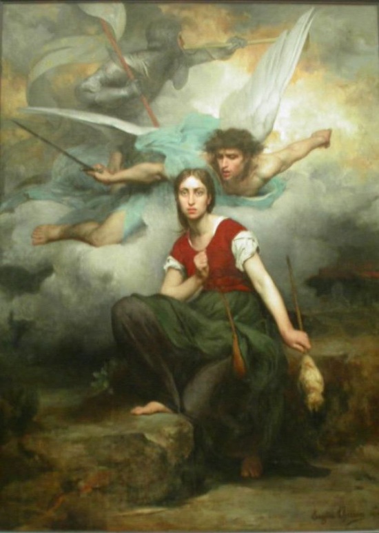 The Archangel Michael exhorting Joan of Arc to join the battle for France. Considered an example of French Catholic mysticism, this painting is by Eugene Thirion, around 1876.