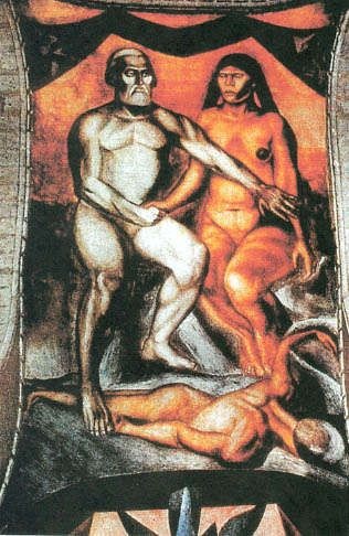 José Clemente Orozco's Painting of Cortés and Malinche as Adam and Eve. Is the figure beneath them Mexico? It is hard to see this as anything other than a negative image.