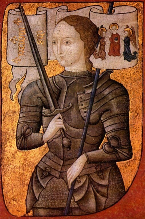 A miniature of Joan of Arc, painted some time between 1450 and 1500. Notice the three saints sitting above her shoulder.
